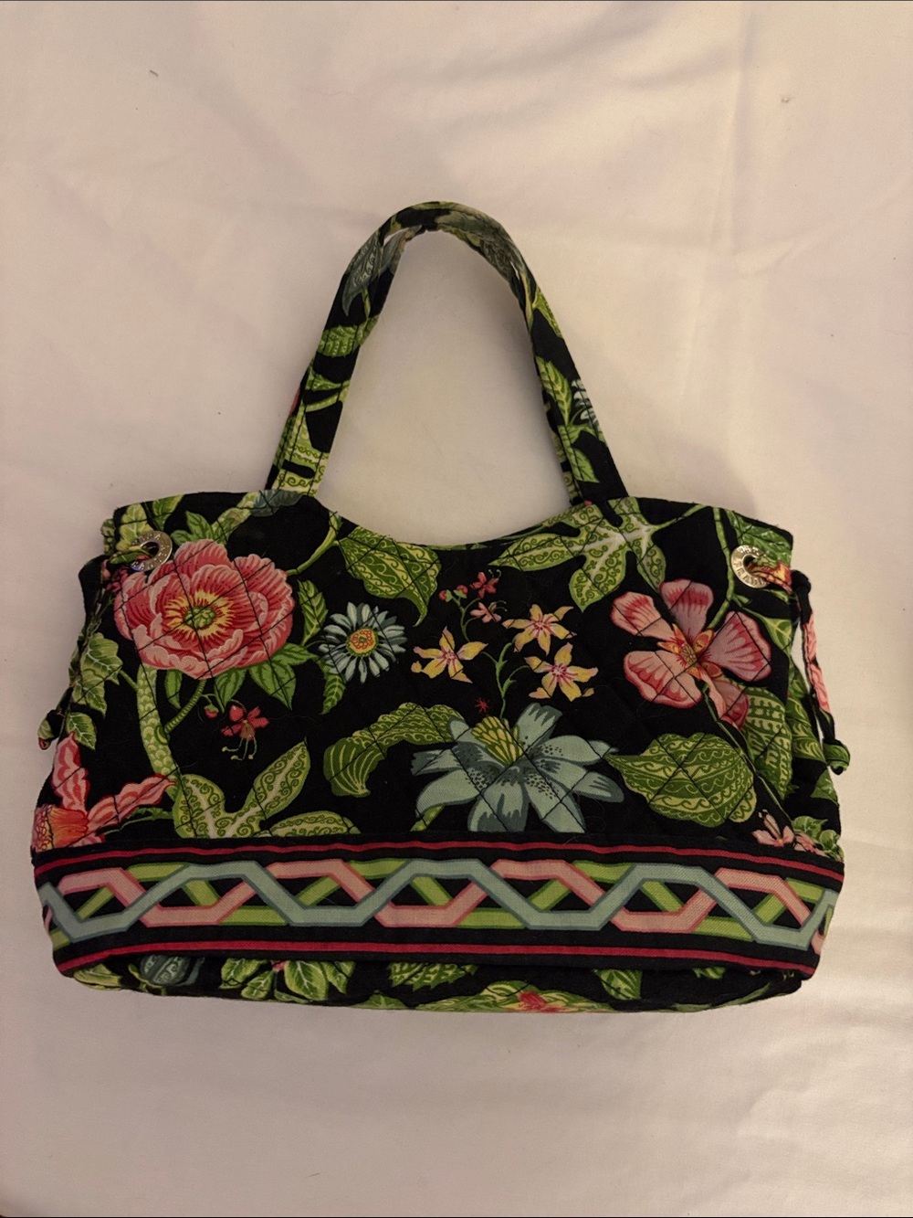 Vera Bradley Small Floral Quilted Tote Bag Black, Pink & Green. Magnet closure.